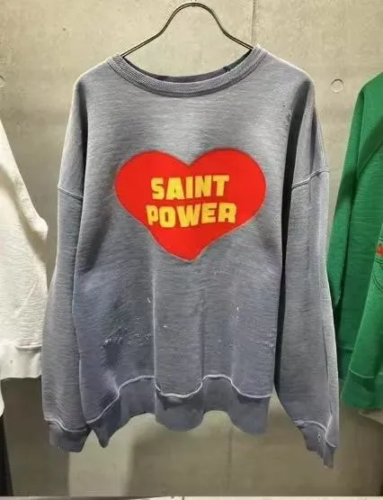 In stock ST1011 washed blue P230 Saint Michael 25SS "POWRER" printed LOGO washed distressed long-sleeved round neck sweatshirt Size S-M-L-XL